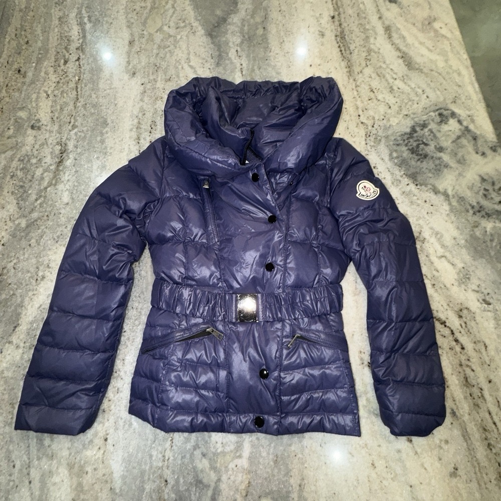 Moncler Sz 2 Puffer Down Feather Ski Snow Jacket Grenoble Navy Blue Short Belted